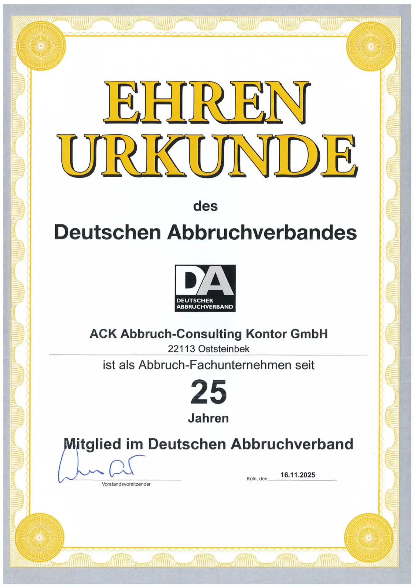 Ehrenurkunde des Deutschen Abbruchverbandes